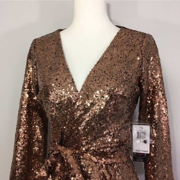 NWT Aqua Copper Sequin Wrap Dress w Waist Tie - Picture 3 of 5